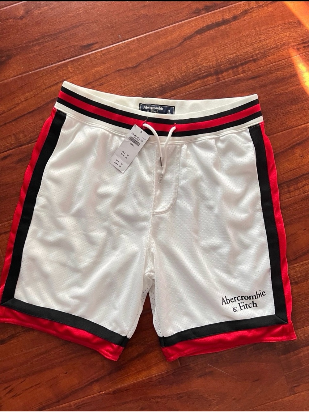 Abercrombie & Fitch White Athletic Shorts with Red & Black Stripe